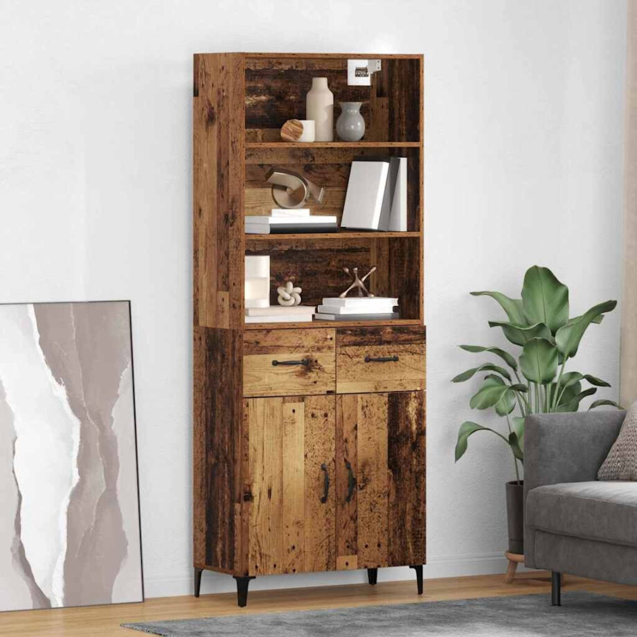 vidaXL Hoge kast met lade Oud Hout 69,5 x 34 x 180 cm Bewerkt hout afbeelding 1