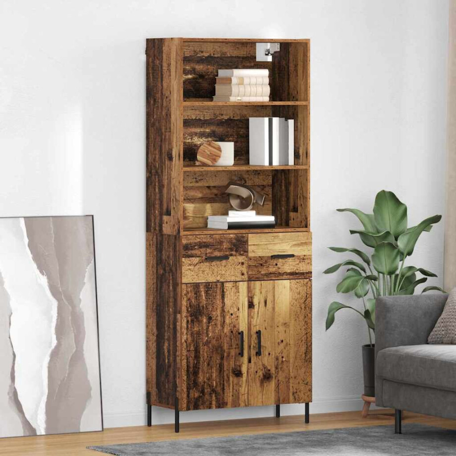 vidaXL Hoge kast met lade Oud Hout 69,5 x 32,5 x 180 cm Bewerkt hout afbeelding 1