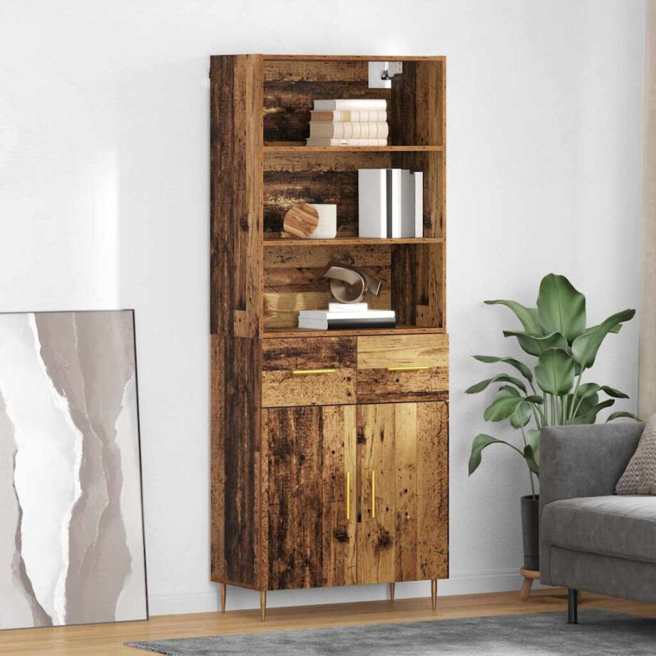 vidaXL Hoge kast met lade Oudhout 69,5 x 34 x 180 cm Bewerkt hout afbeelding 1