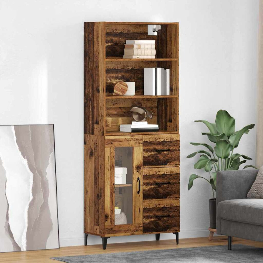 vidaXL Hoge kast met lade Oud Hout 69,5 x 34 x 180 cm Bewerkt hout afbeelding 1