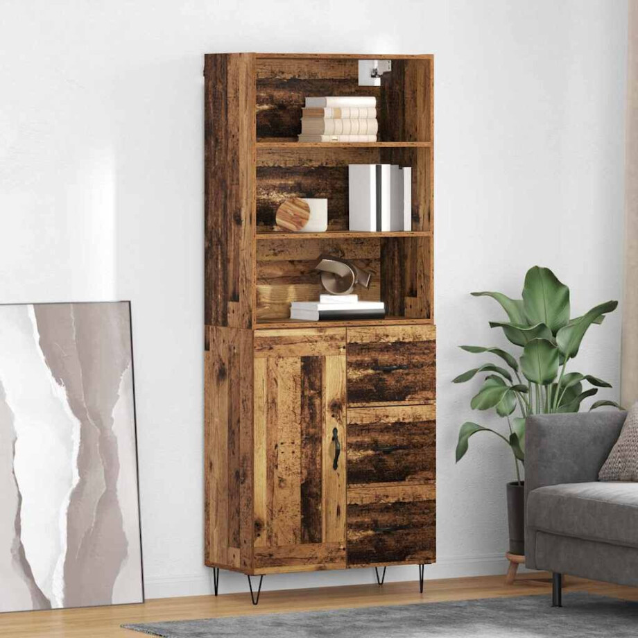 vidaXL Hoge kast met lade 2 pcs Oudhout Bewerkt hout afbeelding 1
