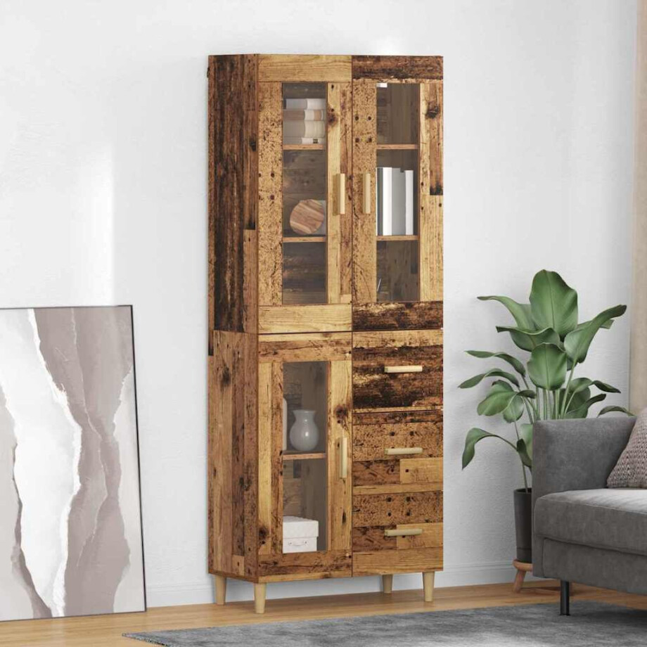 vidaXL Hoge kast met lade Oud Hout 69,5 x 34 x 180 cm Bewerkt hout afbeelding 1