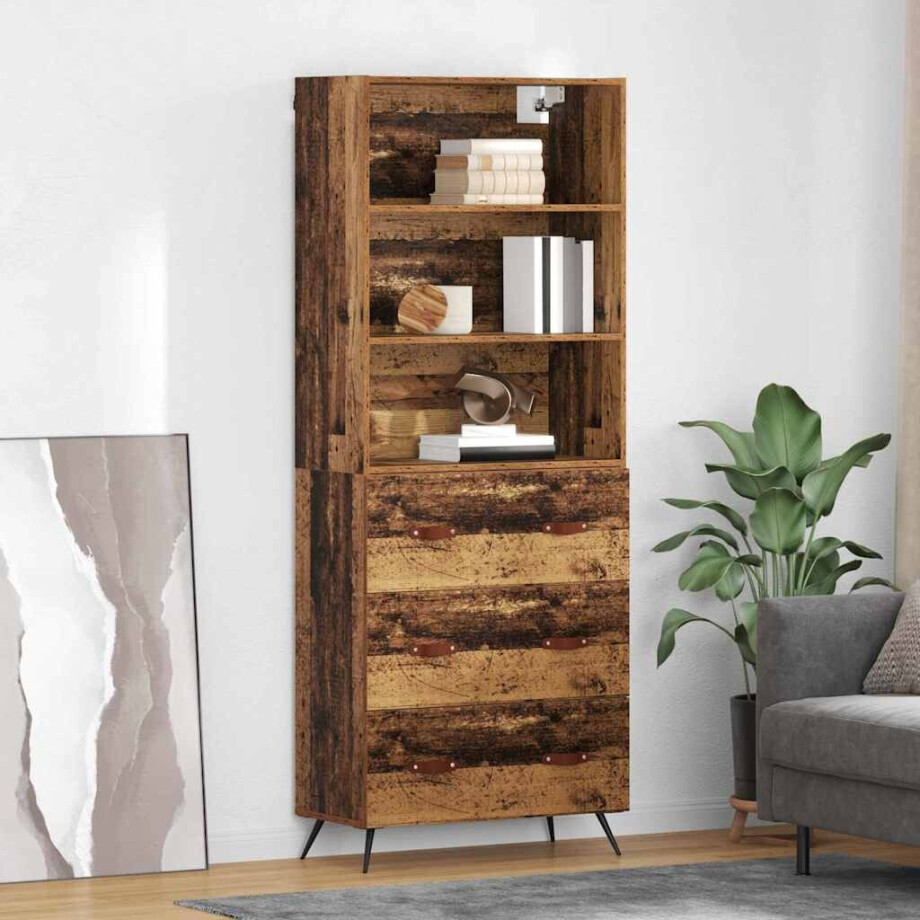 vidaXL Hoge kast met lade Oud Hout 69,5 x 34 x 180 cm Bewerkt hout afbeelding 1