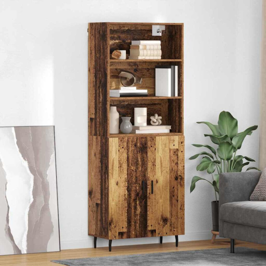 vidaXL Hoge kast Oud Hout 69,5 x 34 x 180 cm Geengineerd Hout en Glas afbeelding 1