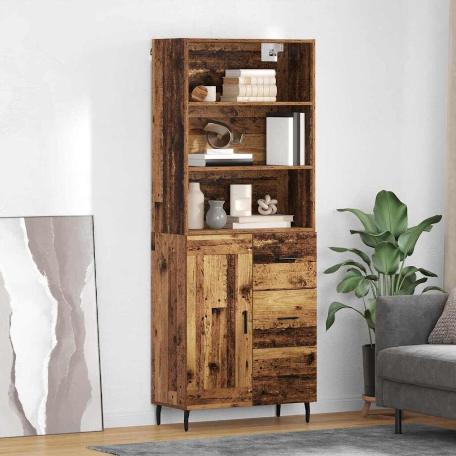 vidaXL Hoge kast Oud Hout 69,5 x 34 x 180 cm Geengineerd Hout en Glas afbeelding 1