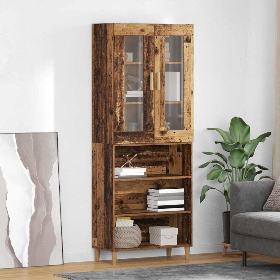 vidaXL Hoge kast Oud Hout 69,5 x 34 x 180 cm Geengineerd Hout en Glas afbeelding 1