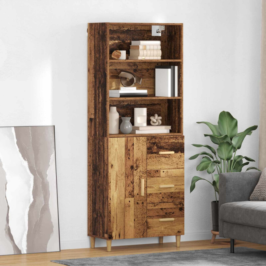 vidaXL Hoge kast met lade Oud Hout 69,5 x 32,5 x 180 cm Bewerkt hout afbeelding 1
