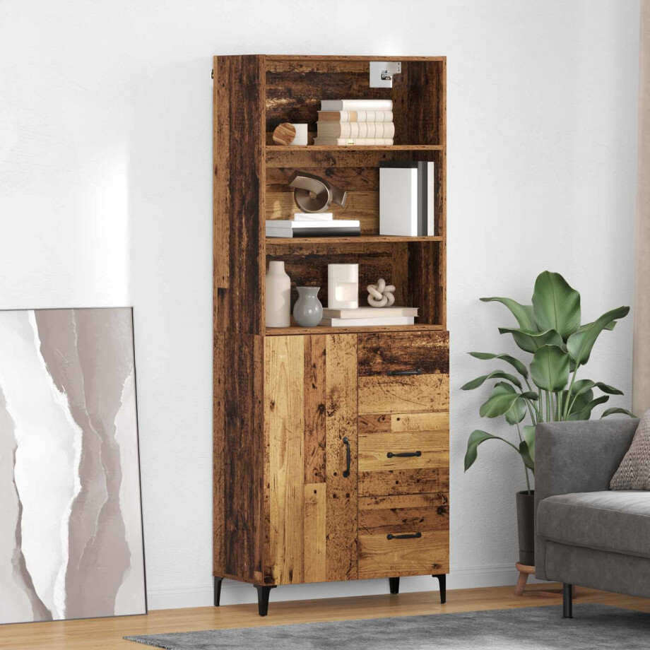 vidaXL Hoge kast met lade Oud Hout 69,5 x 34 x 180 cm Bewerkt hout afbeelding 1