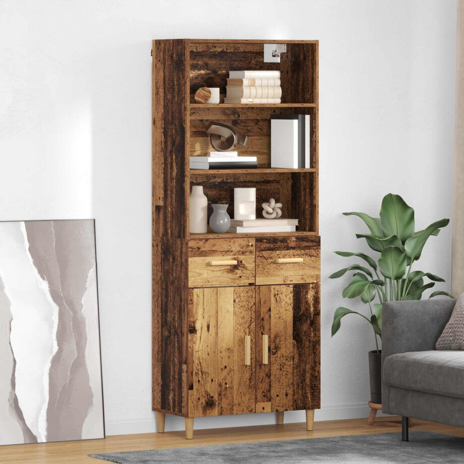 vidaXL Hoge kast met lade Oud Hout 69,5 x 32,5 x 180 cm Bewerkt hout afbeelding 1
