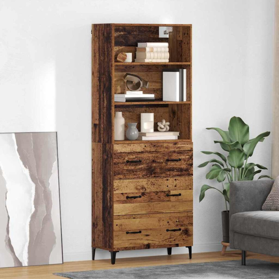 vidaXL Hoge kast met lade Oud Hout 69,5 x 34 x 180 cm Bewerkt hout afbeelding 1