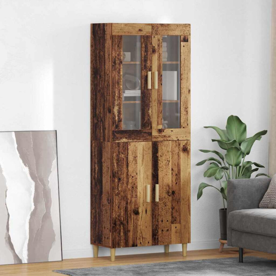 vidaXL Hoge kast Oud Hout 69,5 x 34 x 180 cm Geengineerd Hout en Glas afbeelding 1