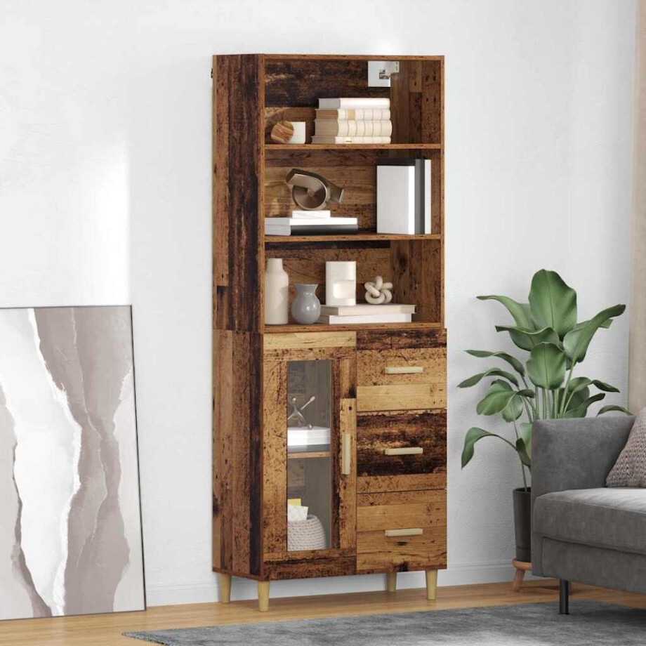 vidaXL Hoge kast met lade Oud Hout 69,5 x 34 x 180 cm Bewerkt hout afbeelding 1