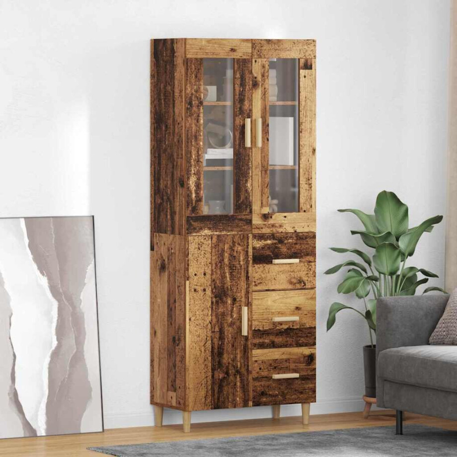 vidaXL Hoge kast met lade Oud Hout 69,5 x 34 x 180 cm Bewerkt hout afbeelding 1