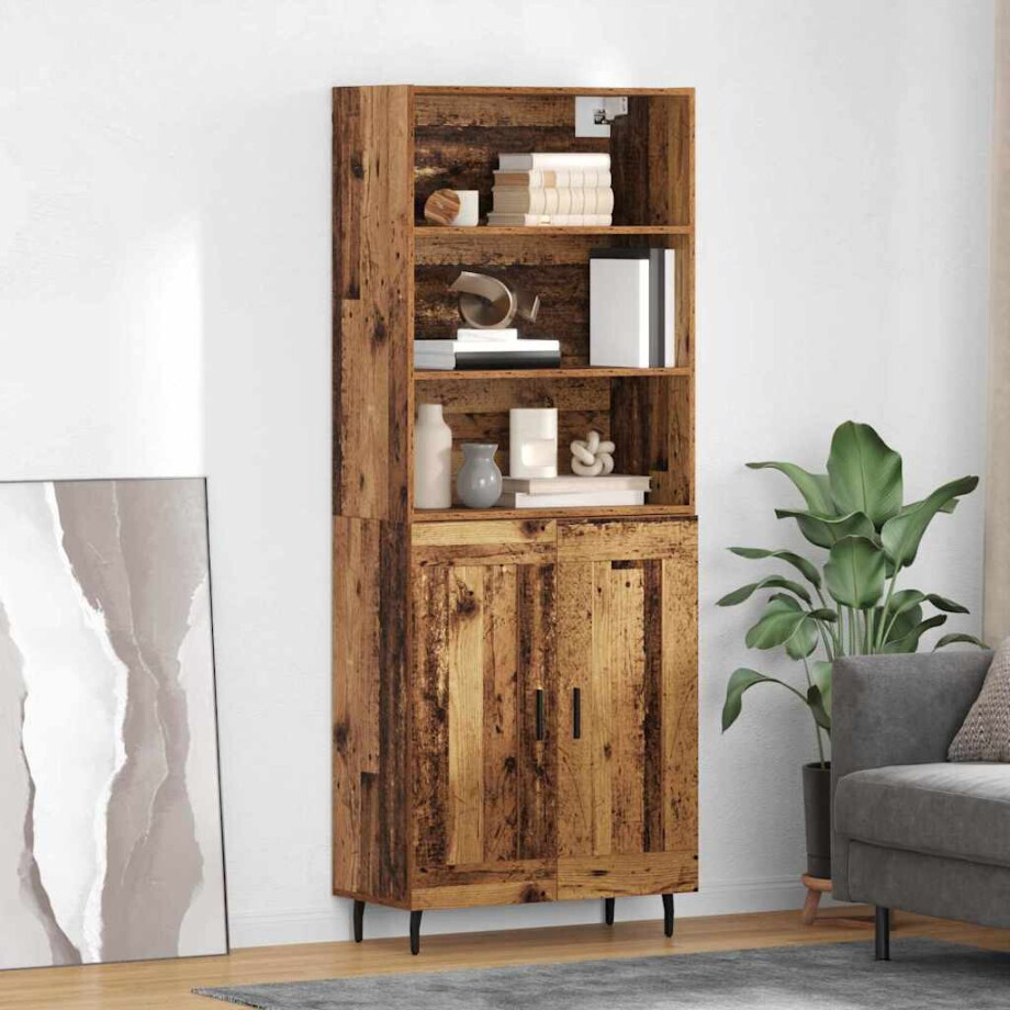 vidaXL Hoge kast Oud Hout 69,5 x 34 x 180 cm Geengineerd Hout en Glas afbeelding 1