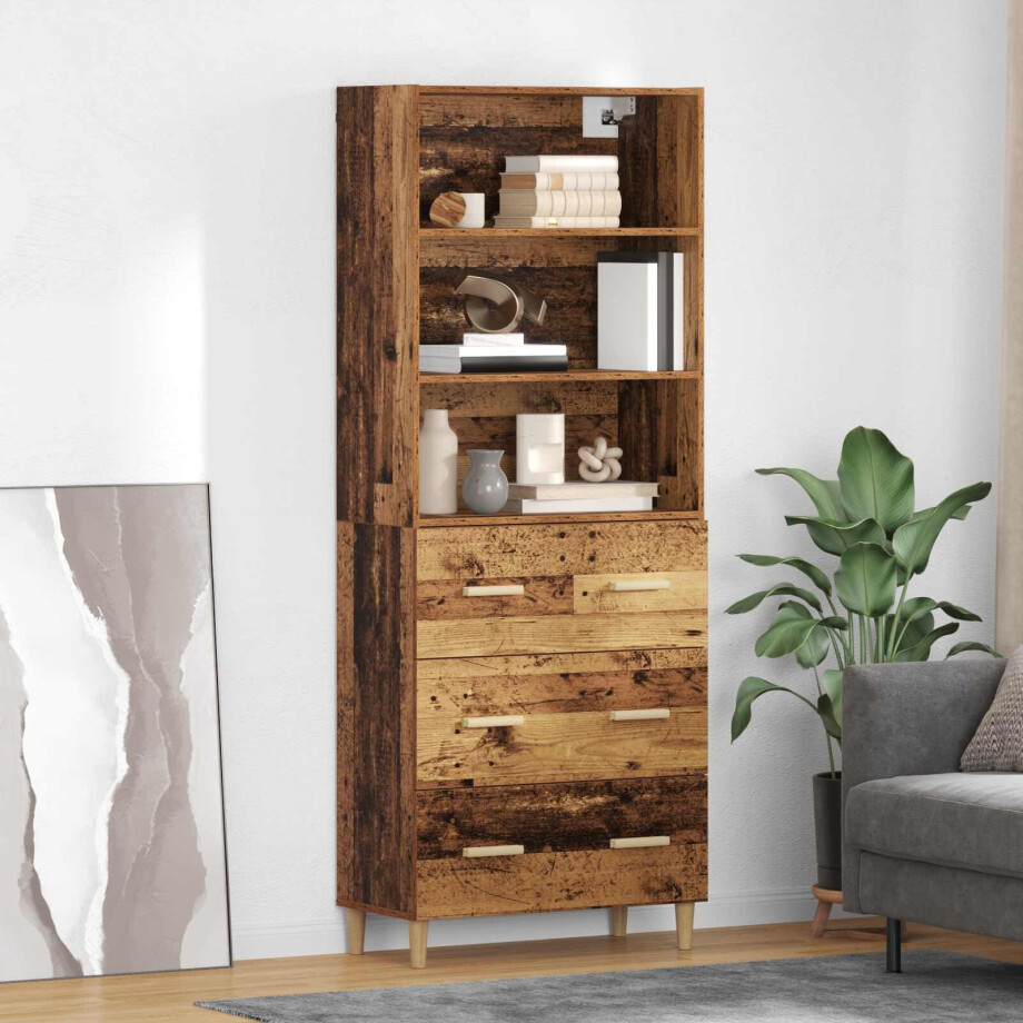 vidaXL Hoge kast met lade Oud Hout 69,5 x 32,5 x 180 cm Bewerkt hout afbeelding 1