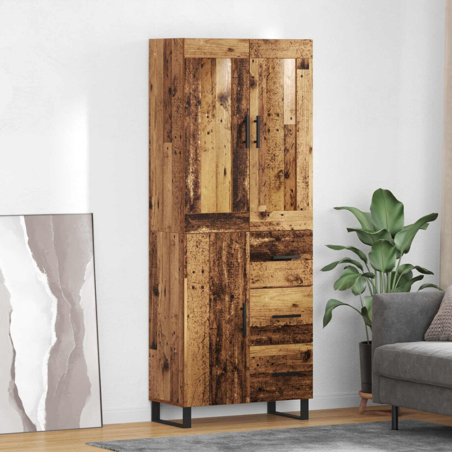 vidaXL Hoge kast met lade Oudhout 69,5 x 34 x 180 cm Bewerkt hout afbeelding 1