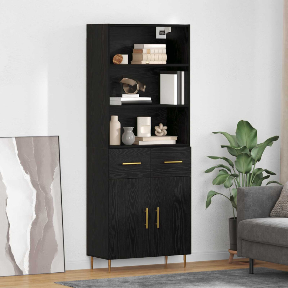vidaXL Hoge kast met lade Zwart Eiken 69,5 x 34 x 180 cm Bewerkt hout afbeelding 1