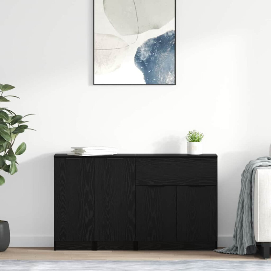 vidaXL Dressoir met lade 3 pcs Zwart eiken Bewerkt hout vidaXL Dressoir met lade 3 pcs Zwart eiken Bewerkt hout afbeelding 1