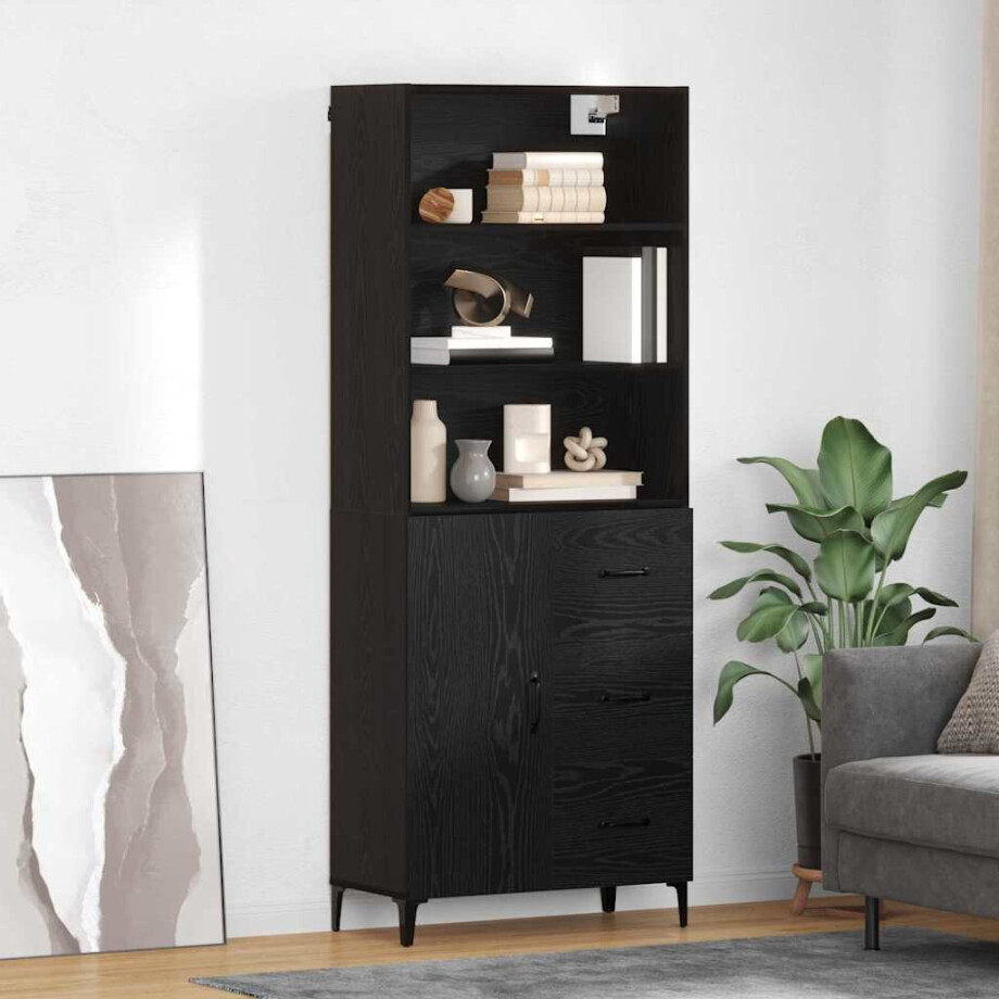 vidaXL Hoge kast met lade Zwart Eiken 69,5 x 34 x 180 cm Bewerkt hout vidaXL Hoge kast met lade Zwart Eiken 69,5 x 34 x 180 cm Bewerkt hout afbeelding 1