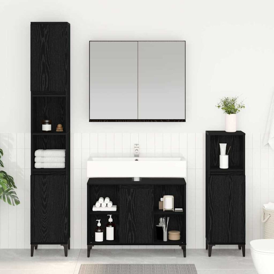 vidaXL Badkamermeubelset met plank 3 stuks Zwart eiken Bewerkt hout vidaXL Badkamermeubelset met plank 3 stuks Zwart eiken Bewerkt hout afbeelding 1