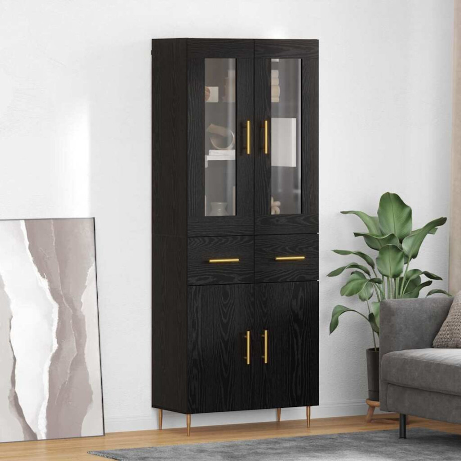 vidaXL Hoge kast met lade 2 pcs Zwart Eiken Bewerkt hout afbeelding 1