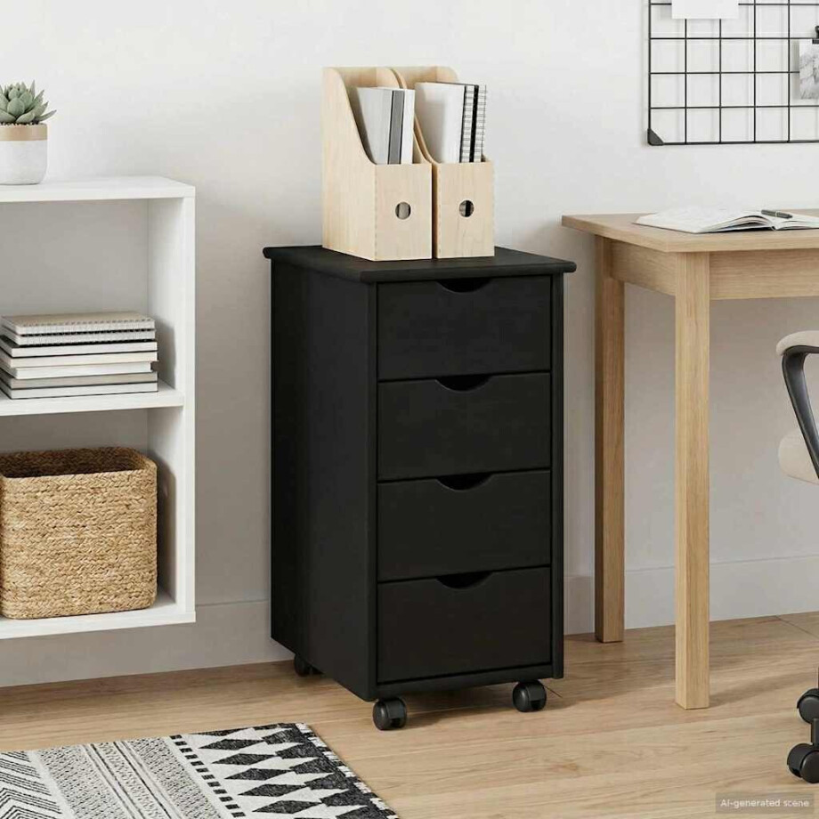 vidaXL Rolling Kast met wiel Zwart 34 x 39 x 65,5 cm Massief Vurenhout afbeelding 1