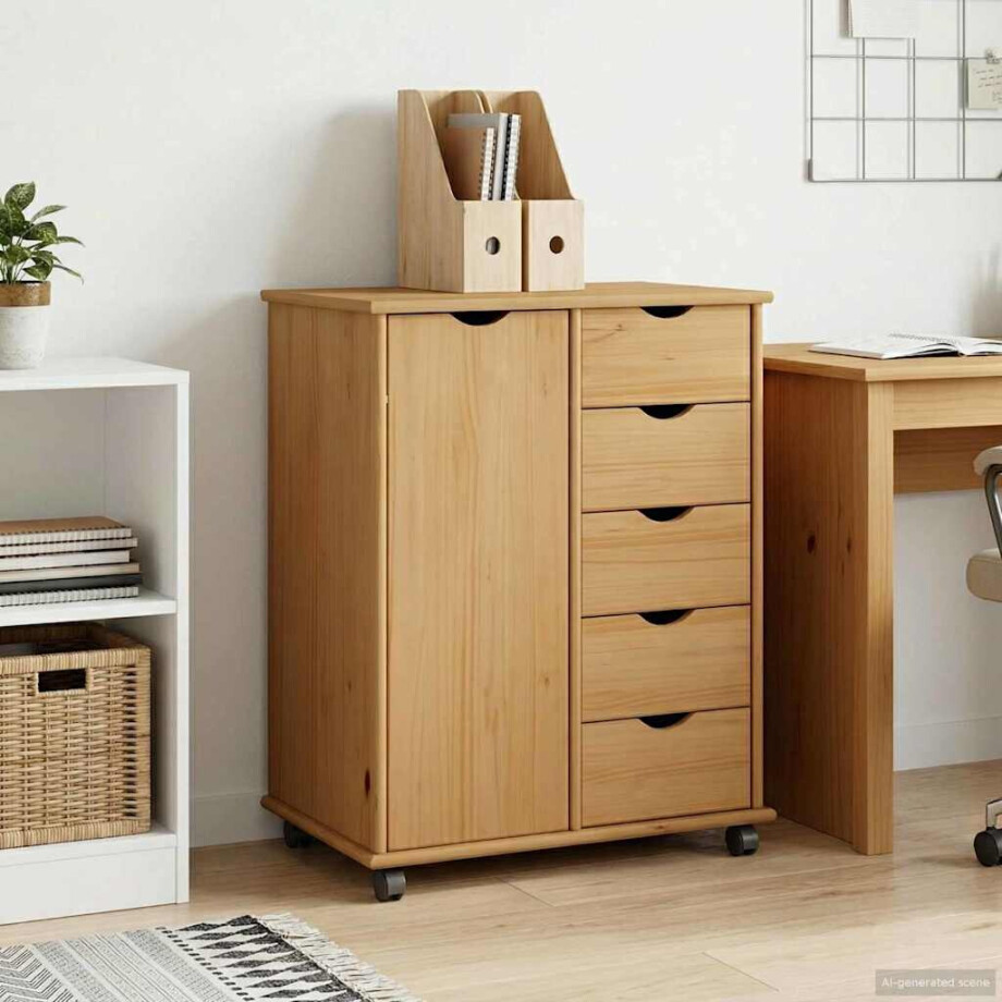 vidaXL Rolling Kast Honingbruin 63,5 x 39 x 79 cm Massief Vurenhout afbeelding 1