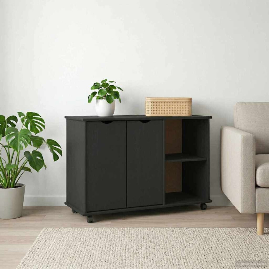 vidaXL Rolling Kast Zwart 100 x 39 x 65,5 cm Massief Vurenhout vidaXL Rolling Kast Zwart 100 x 39 x 65,5 cm Massief Vurenhout afbeelding 1