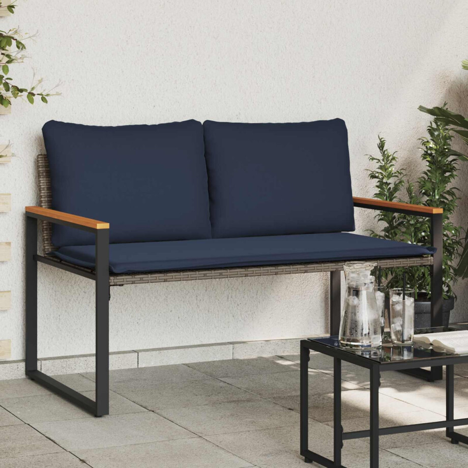 vidaXL Bank met kussen Grijs en Marineblauw 115 x 65 x 72 cm Rattan afbeelding 1
