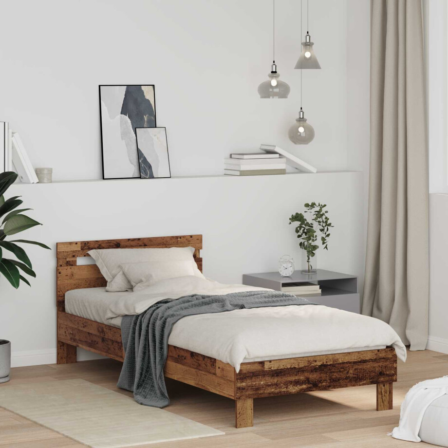 vidaXL Bedframe met hoofdeinde Oudhout 75 x 190 cm Bewerkt hout afbeelding 1