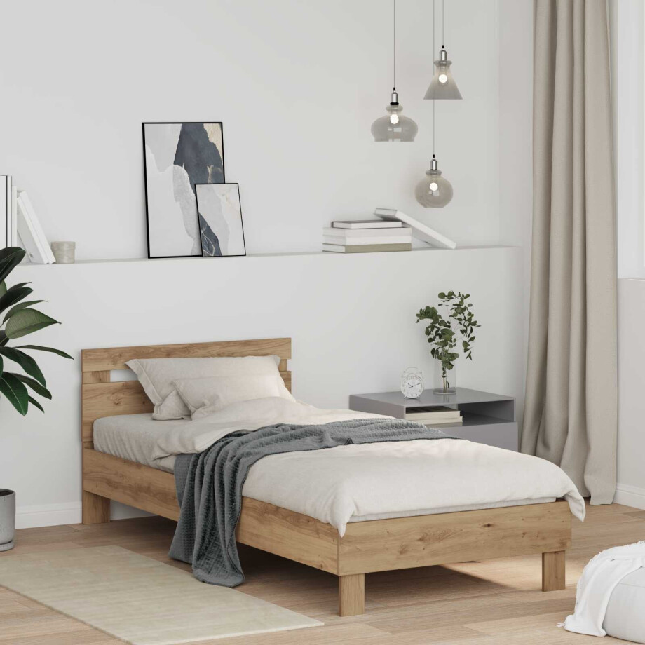 vidaXL Bedframe met hoofdeinde Artisan Eiken 75 x 190 cm Bewerkt hout afbeelding 1