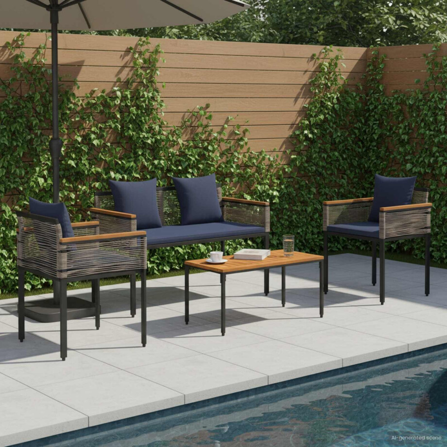 vidaXL Buitenmeubelset met kussen Grijs en Marineblauw poly rattan afbeelding 1