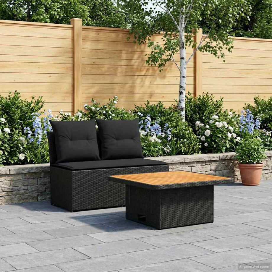 vidaXL 2 Stuk Tuin middelste sofa met uitschuiftafel poly rattan Zwart afbeelding 1