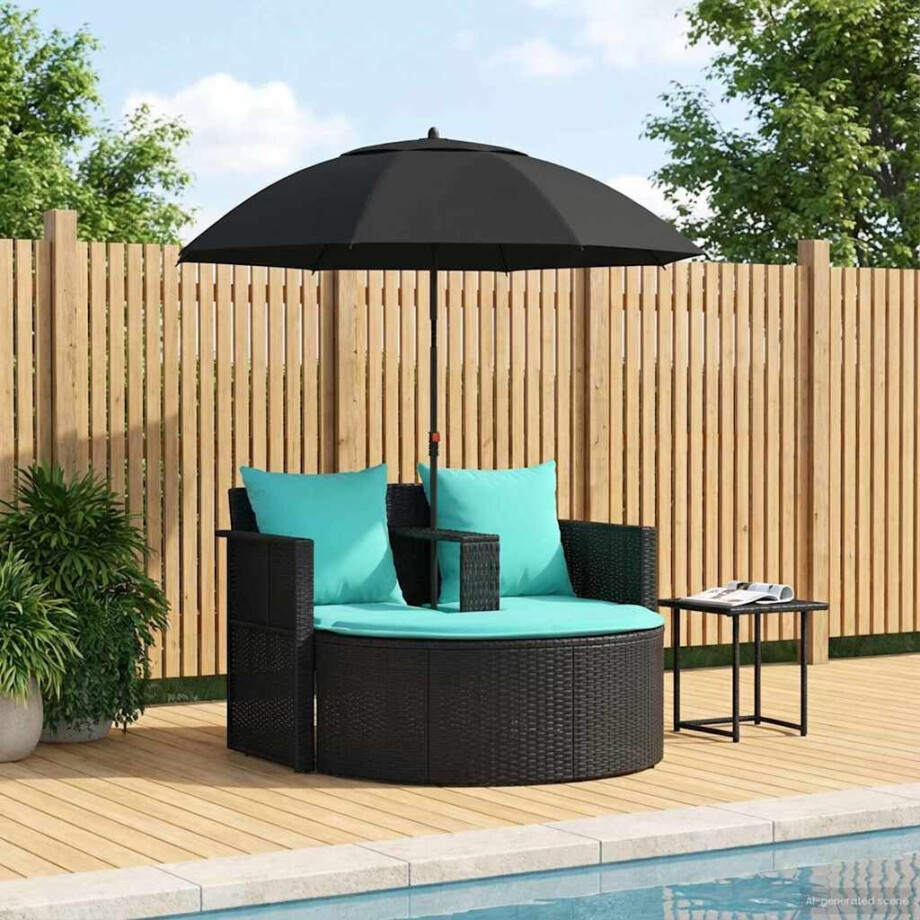 vidaXL Tuinbank met kussen 8 pcs Zwart en Turquoise poly rattan afbeelding 1