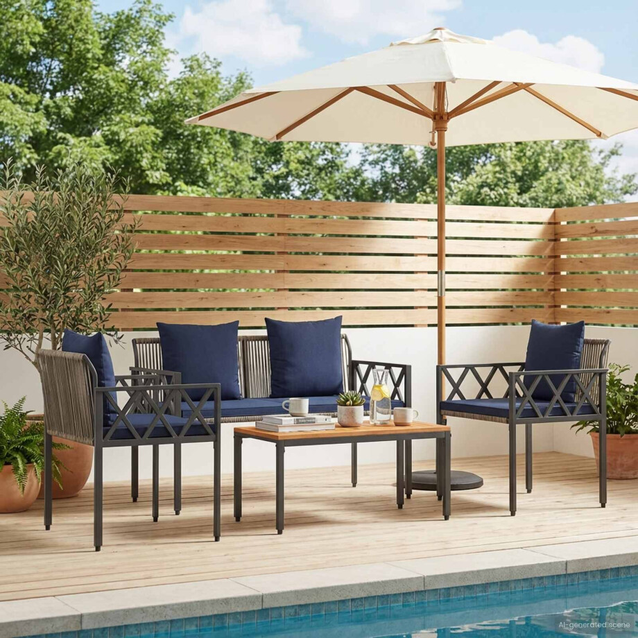 vidaXL tuinmeubelset 4 st Grijs en Marineblauw poly rattan afbeelding 1
