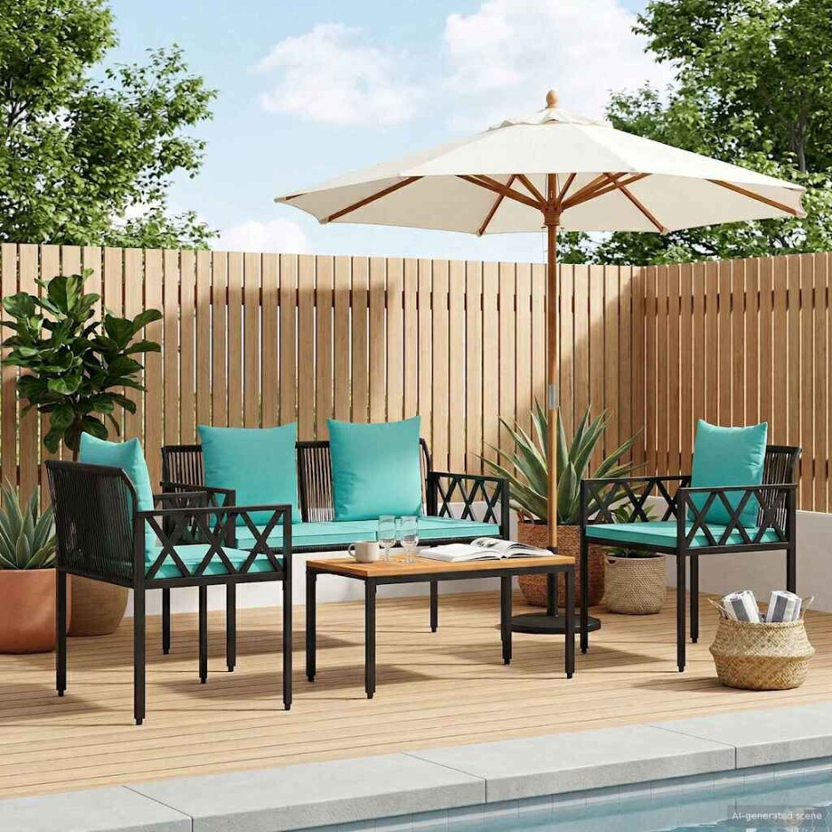 vidaXL Tuinmeubelset 4 st Zwart en Turquoise poly rattan afbeelding 1