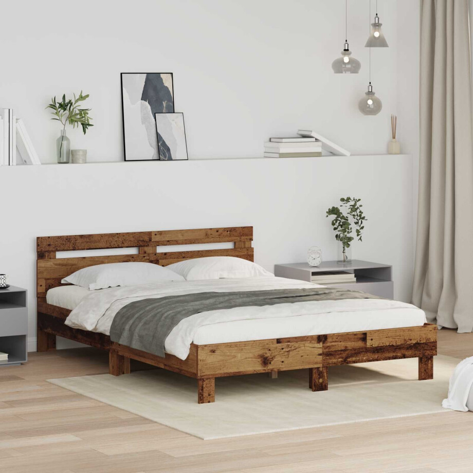 vidaXL Bedframe met hoofdeinde Oudhout 140 x 200 cm Bewerkt hout afbeelding 1
