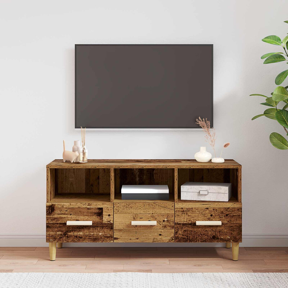 vidaXL TV-kast met lade Oudhout 102 x 36 x 50 cm Bewerkt hout afbeelding 1