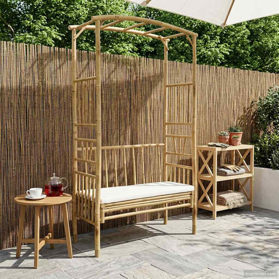vidaXL Tuinboog met Bank Crèmewit 115 x 50 x 205 cm Bamboe afbeelding 1