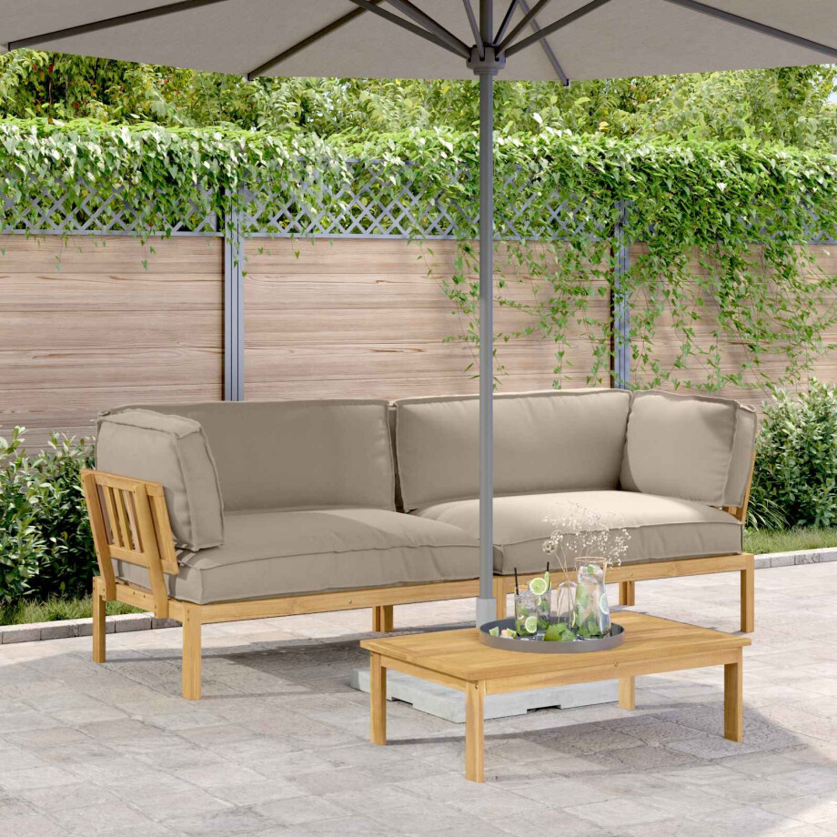 vidaXL Bankstel met kussen Effen 2 pcs Taupe Massief Acaciahout afbeelding 1