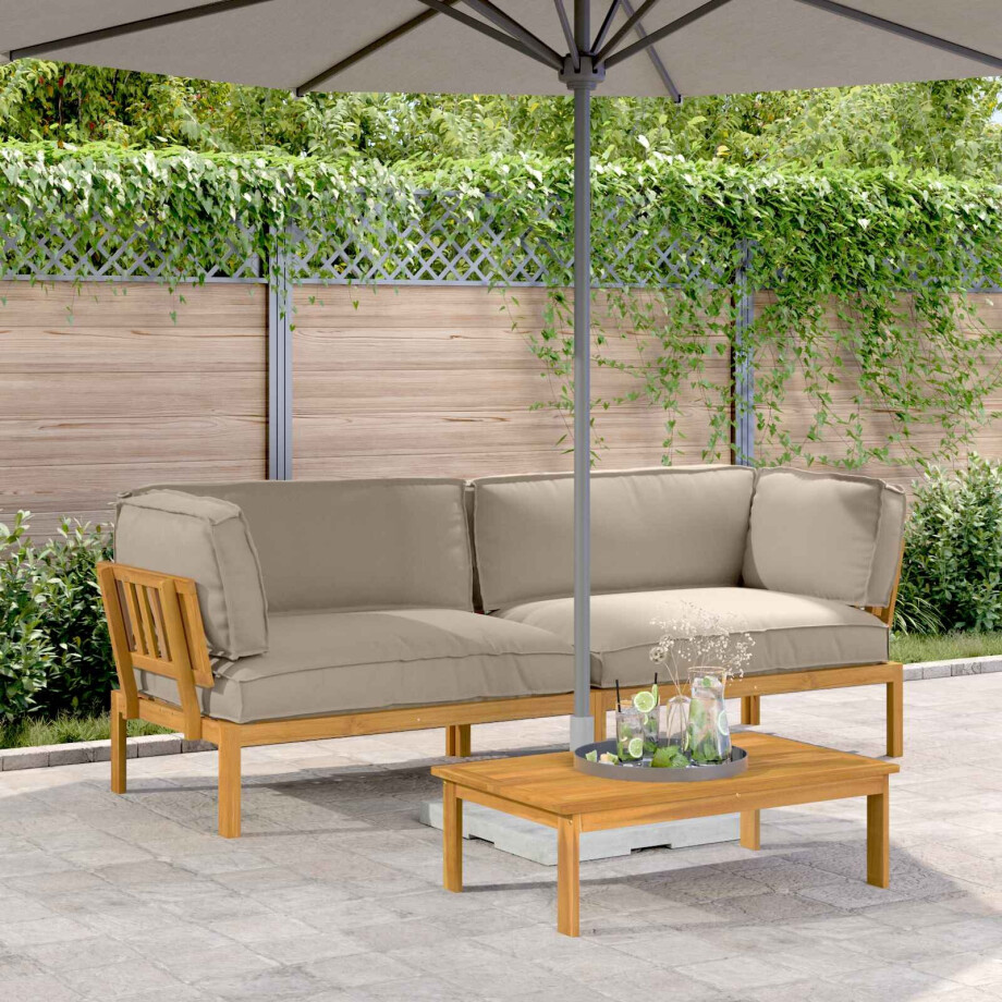 vidaXL Bankstel met kussen Effen 2 pcs Taupe Massief Acaciahout afbeelding 1