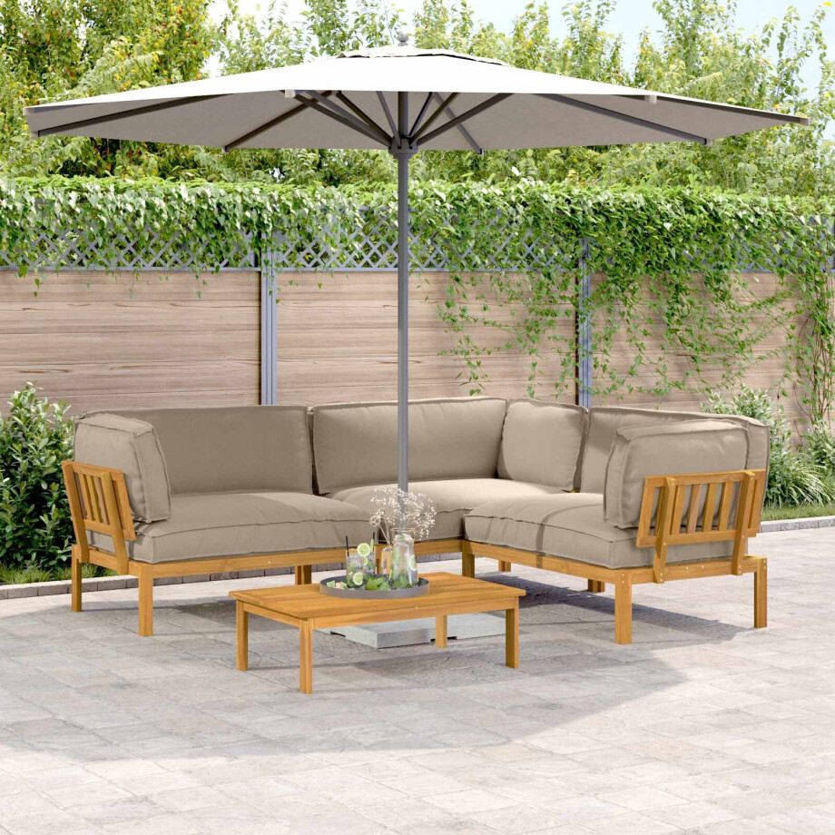 vidaXL Bankstel met kussen Effen 4 pcs Taupe Massief Acaciahout afbeelding 1