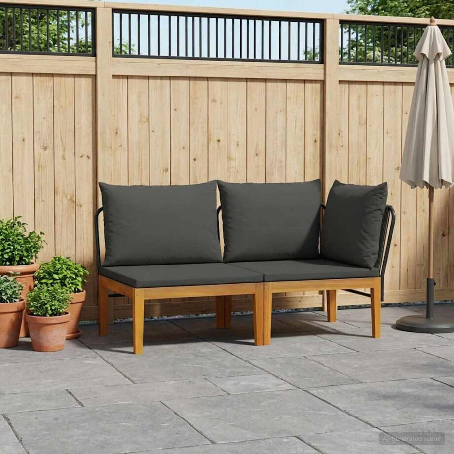 vidaXL 2 st Tuin Loungeset met Kussens Massief acaciahout & touw afbeelding 1