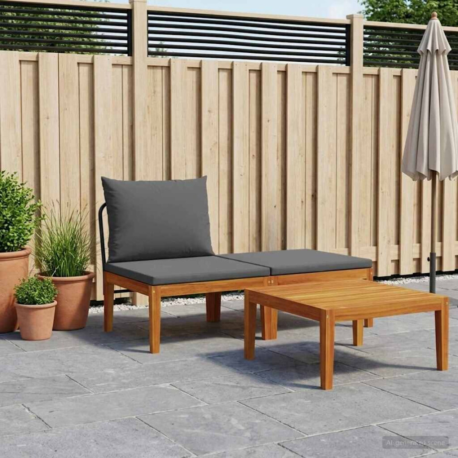 vidaXL 3 st Tuin Loungeset met Kussens Massief acaciahout & touw afbeelding 1