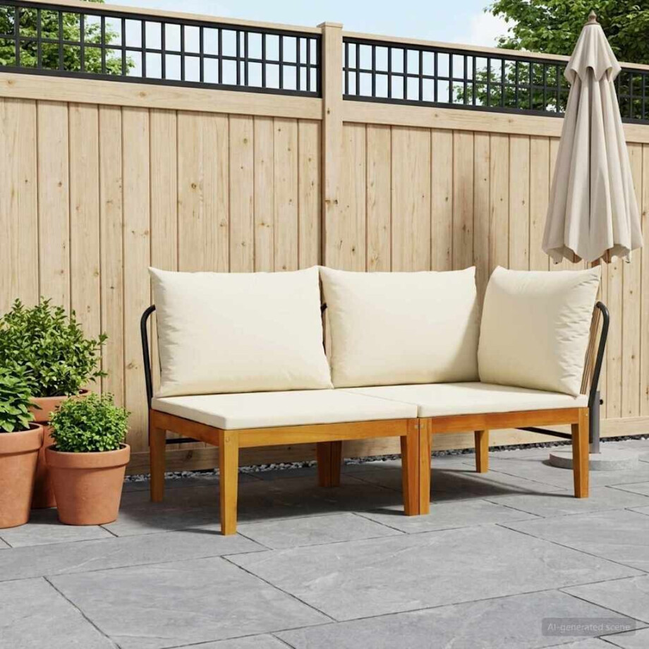 vidaXL 2 st Tuin Loungeset met Kussens Massief acaciahout & touw afbeelding 1