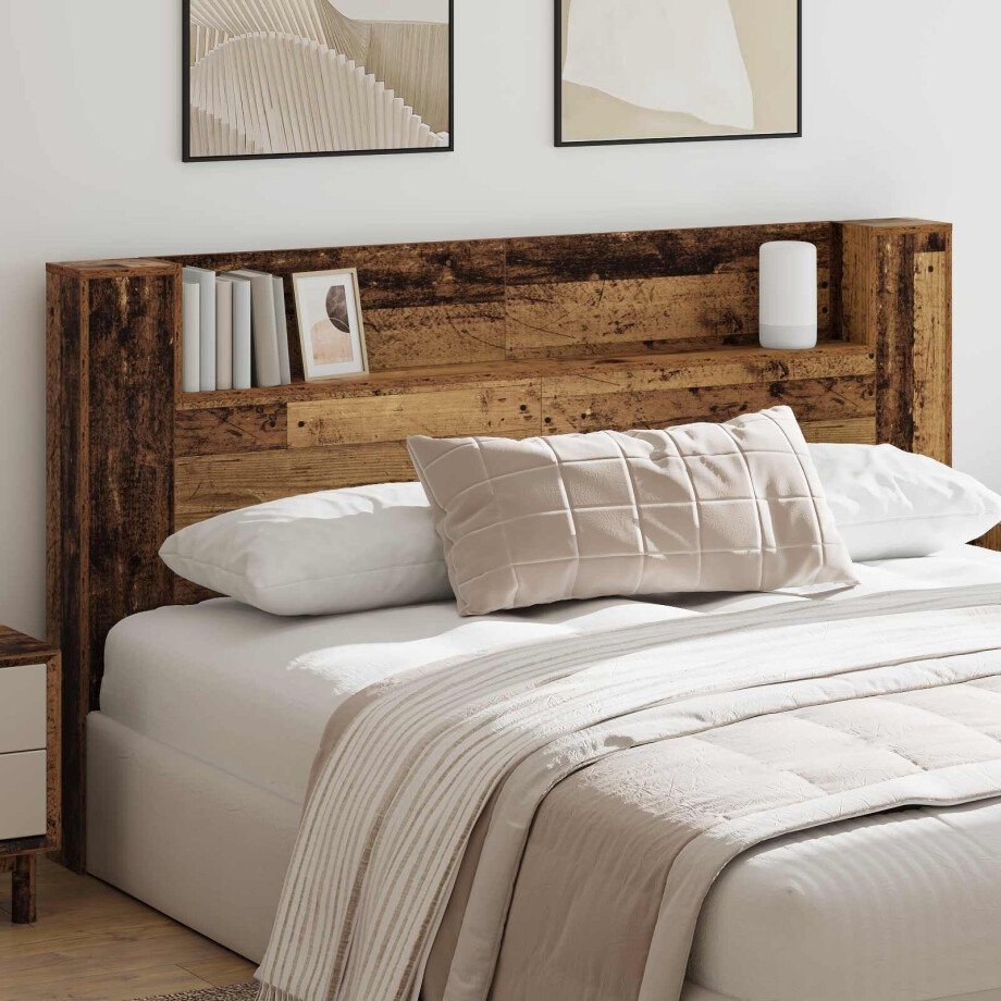 vidaXL Hoofdbord Kast met LED met plank Oudhout 180 x 16,5 x 103,5 cm afbeelding 1