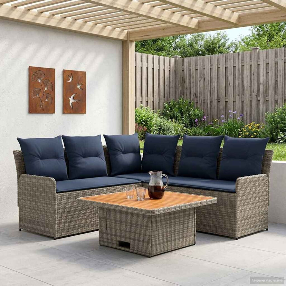 vidaXL Meubelsets met kussen 4 pcs Grijs en Marineblauw PE Rattan afbeelding 1
