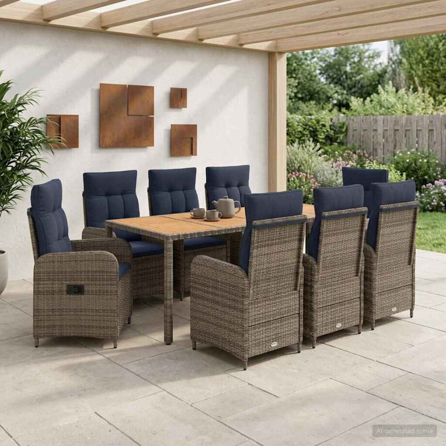 vidaXL Buiten eettafelset 9 st PE Rattan en Poeder-Coated Staal vidaXL Buiten eettafelset 9 st PE Rattan en Poeder-Coated Staal afbeelding 1