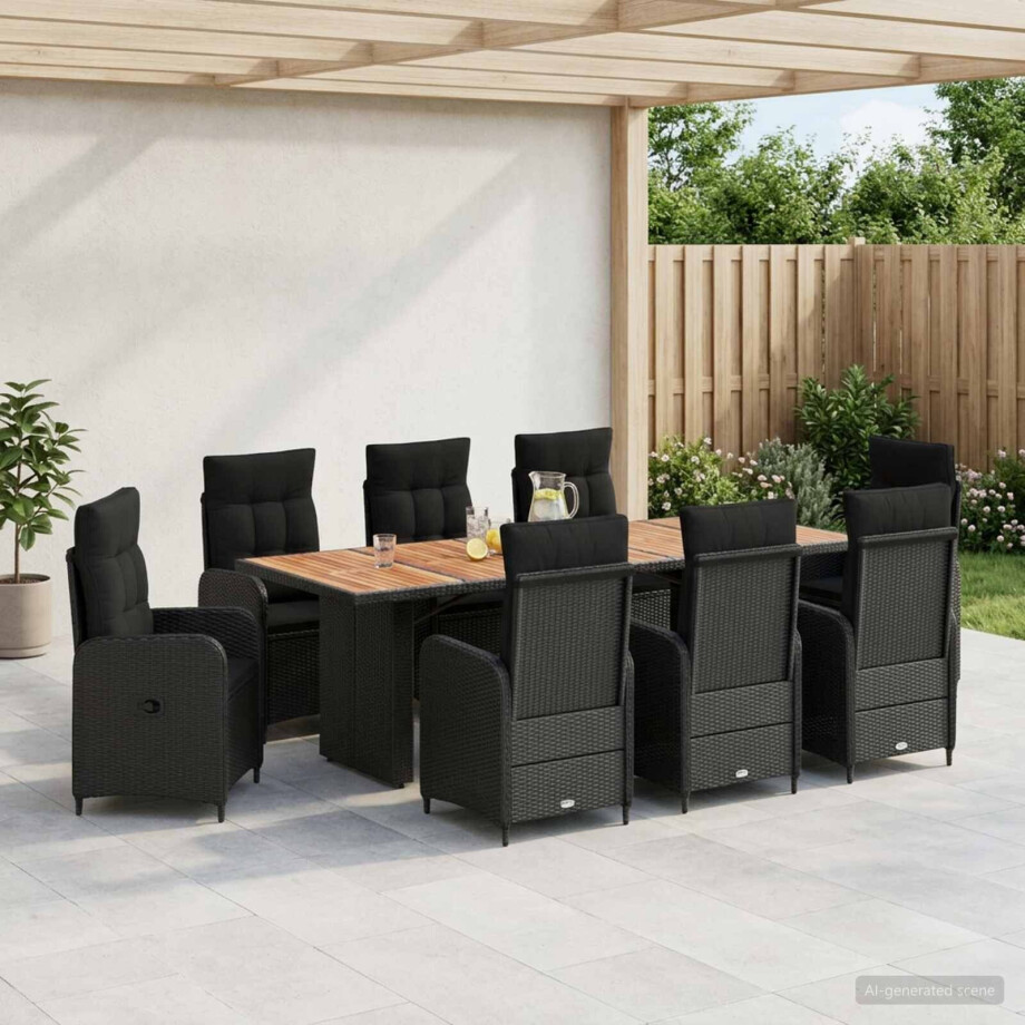 vidaXL Buiten eettafelset 9 st Zwart poly rattan afbeelding 1