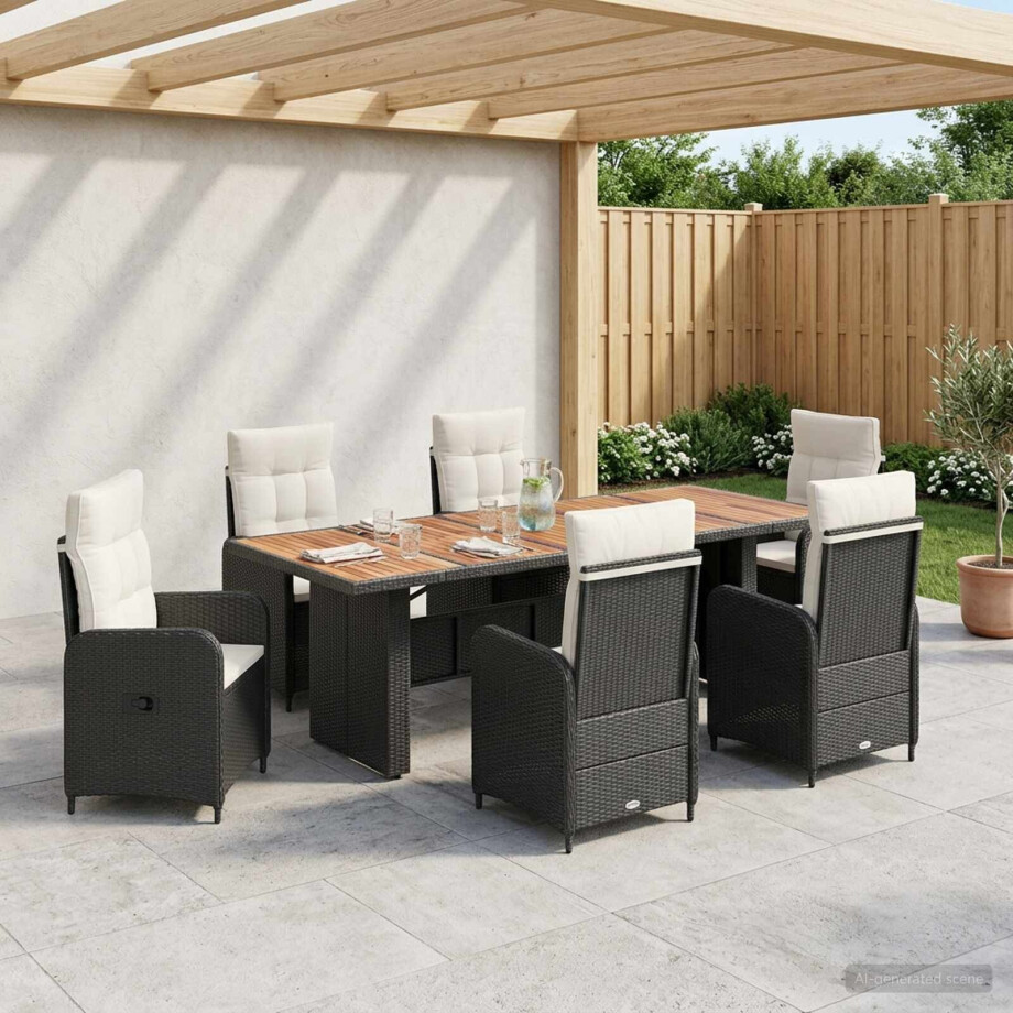 vidaXL Buiten eettafelset 7 st Zwart en Cream Wit poly rattan vidaXL Buiten eettafelset 7 st Zwart en Cream Wit poly rattan afbeelding 1